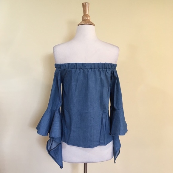 Off Shoulder Ruffled Bell Sleeve Chambray Top - Picture 7 of 7